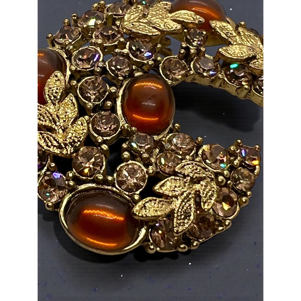 Vintage Gold Tone Amber Cabochon Rhinestone Crescent Brooch-Mid Century-Leaf-Art - Picture 4 of 8